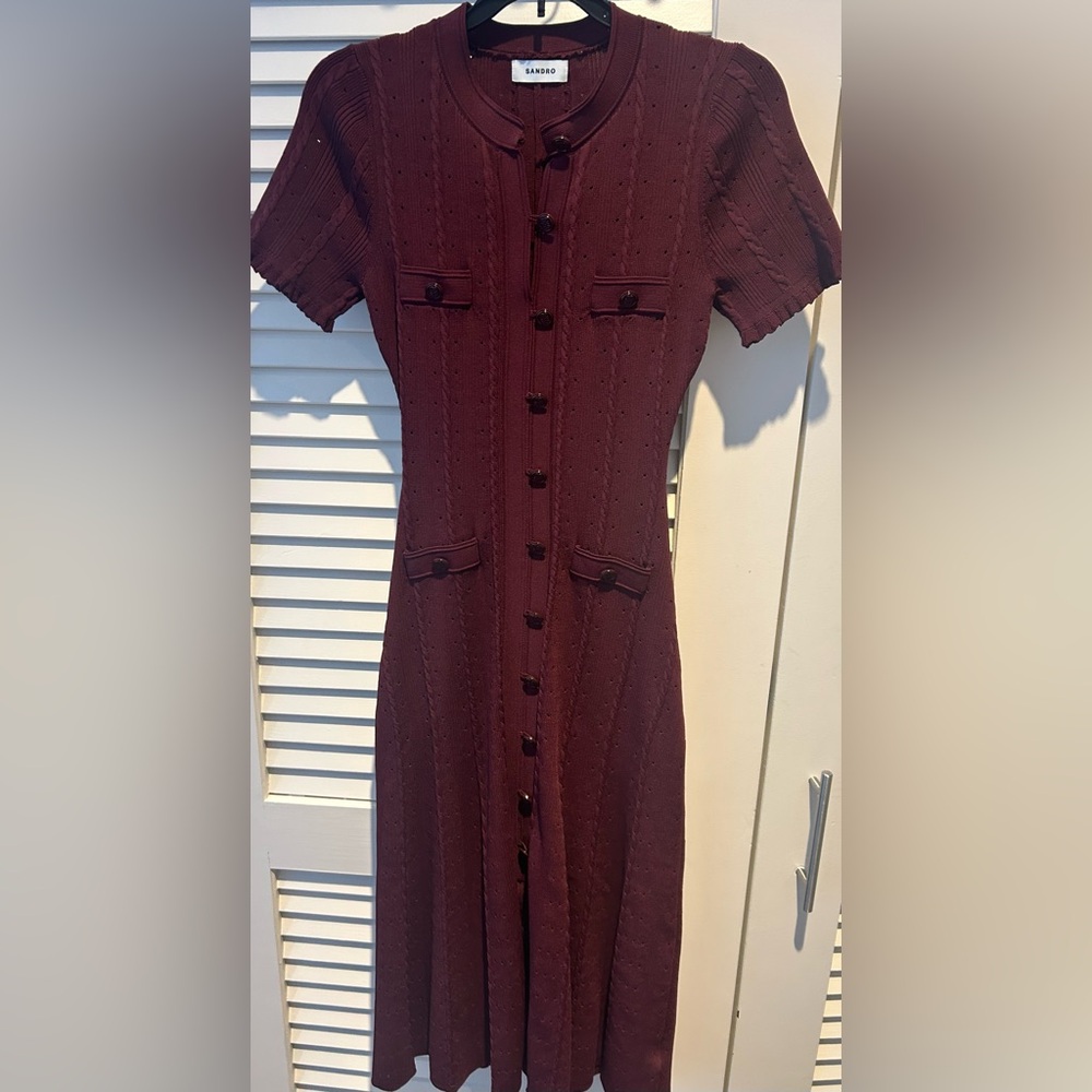 Sandro Ribbed Knit Button Front Midi Dress Bordeaux/Burgundy  Sz 36 small/medium